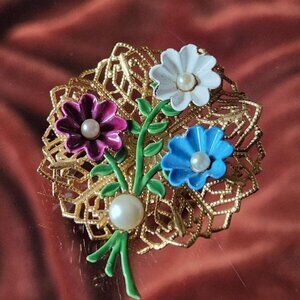 Vintage Gold-tone Filigree Red, Blue & White Flower Brooch w/Pearl Details.